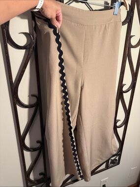 Tan Wide-Leg Ponte Pants with Black Trim